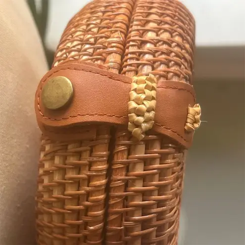 Handmade Rattan Crossbody Bag Floral Lining Leather Strap Boho Summer