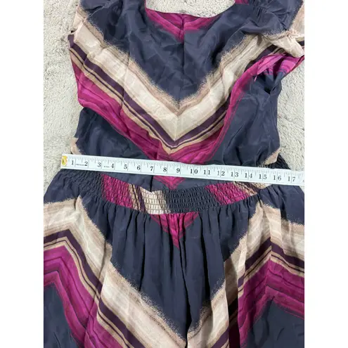 CURRER BELL 100% Silk Chevron Print Maxi Dress V Neck Smocked Waist Size S Soft Blue