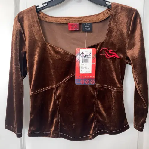 Women's Johnny Blaze Flames Vintage Dead Stock Stretch Velour Crop Top Brown Med