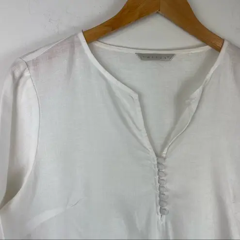 Tweeds Linen White Eyelet Blouse Top Sz Medium Boho Coastal Grandma