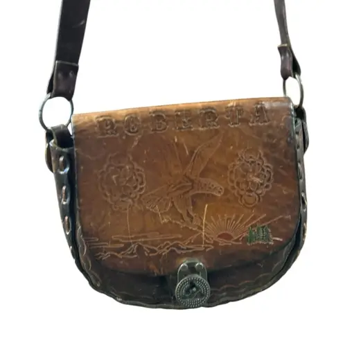 Roberta Vintage Brown Tooled Leather Saddle Bag Purse Floral Design Brown
