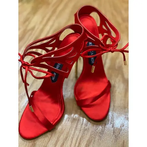 Jessica Rich Women's Red Leather Sole Tie Satin Stiletto Heel Sandal Size 38 S2