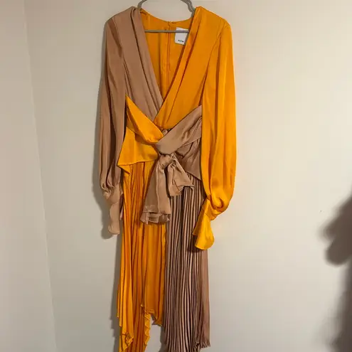 Acler empire dress size mustard orange and nude two tone assymetrical pleated 6 Tan
