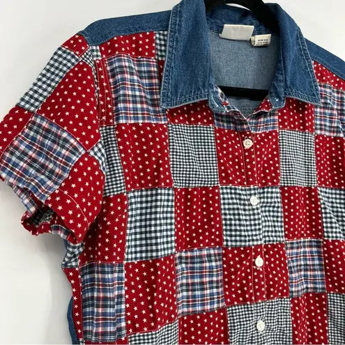 Vintage Quizz Cotton Plaid Quilted Patchwork Americana Red White Blue Star Large