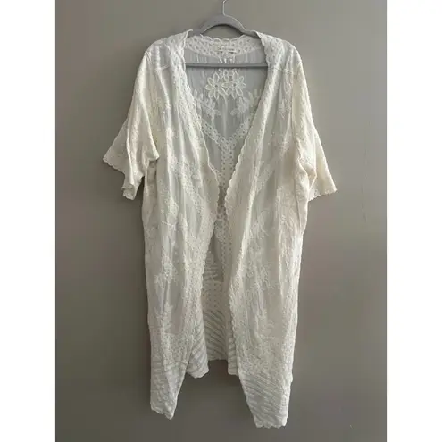 Cactus + Pearl XL Embroidered Kimono Duster Ivory Open Front Cardigan Boho Fairy Size XS