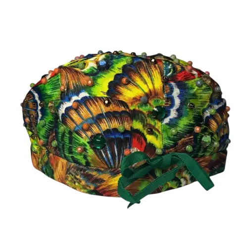 Vintage Patrice Beaded Jeweled Pillbox Hat Peacock Print Union Made USA 60s Green