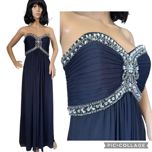 XScape Navy Chiffon Jeweled Bodice Empire A-Line strapless Evening Gown 8