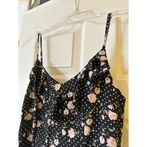NWT Commense Floral Midi Dress w Ruffle Sweetheart Neckline & Spaghetti Straps Black