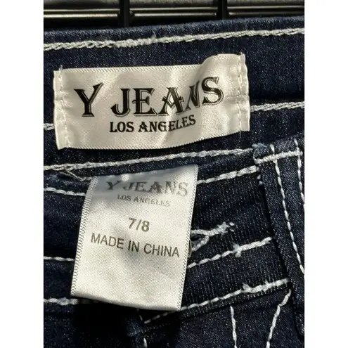 Y Jeans Los Angeles Women Y2K Flare Leg Bling Jeans Embelished Pockets Size 7/8 Blue