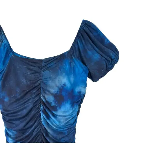 Hidden Brand Tie Dye Blue Ruched Mini Bodycon Dress Puff Sleeve Buttery Soft M Size M