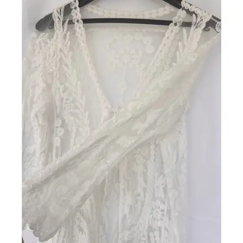 Boho Kimono Cardigan Women’s Size Medium Sheer Cream Long Lace Duster Festival