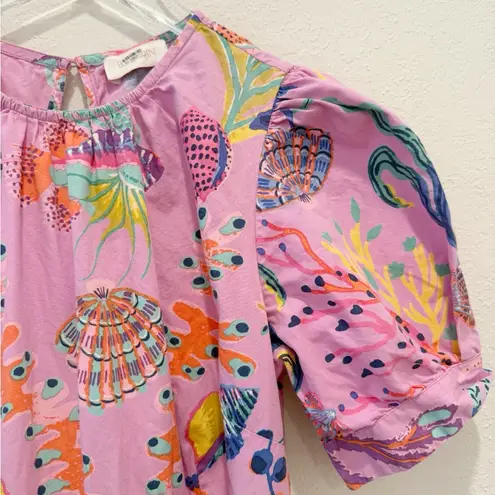 BANJANAN Valeria Midi Dress size Medium Pink Sea Beach Print Puff Sleeves