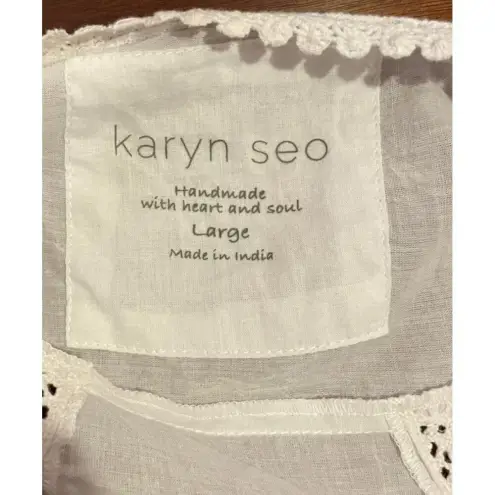 Karyn Seo White Sleeveless Button Up Blouse‎ Floral Embroidery Lace Trim Large Size undefined