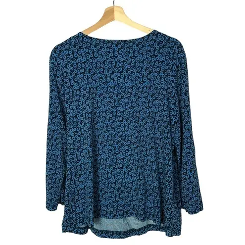 Sag Harbor Swirl Blue & Black Drape Front Long Sleeve Blouse XL