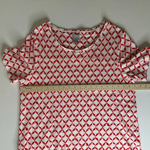 Chico's  Womens Button Back Slub Tee Red White Geometric Print Sz 2 (US L)‎ Casual