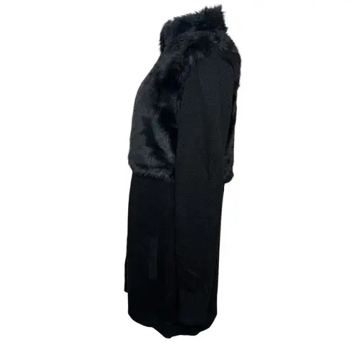 Tahari Wool Faux Fur Full Snap Long Black Mixed Media Sweater Shacket Size Small
