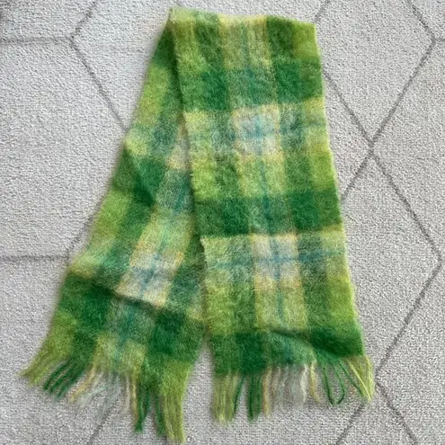 Vintage 60s Green Large Plaid Mohair Wool Scarf by Filene’s Yellow
