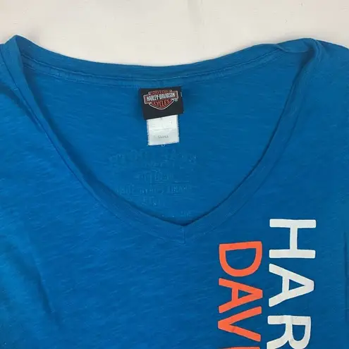 Harley Davidson women's small blue graphic logo tee v neck orange biker moto