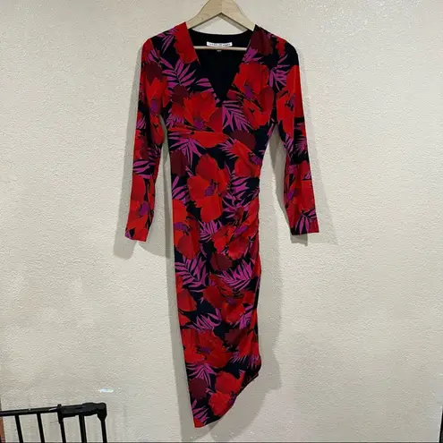 Veronica Beard  Alvaro red black silk floral long sleeve asymmetric midi dress 2