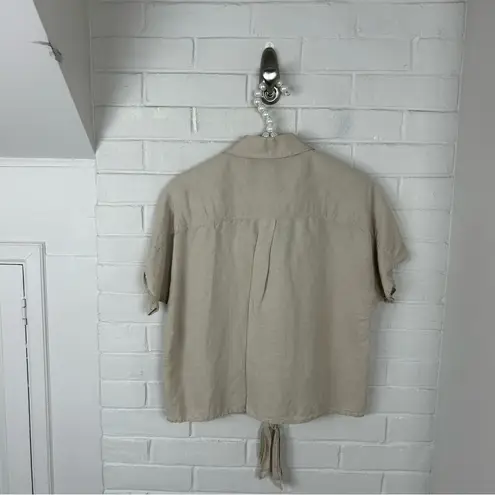 I.N.C. Neutral Linen Blend Boxy Short Sleeve Button Front Top Size XS Tan