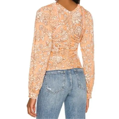 Free People NWT  Shirt Say The Word Tee Long Sleeve Floral Ruched Top Size XS NEW