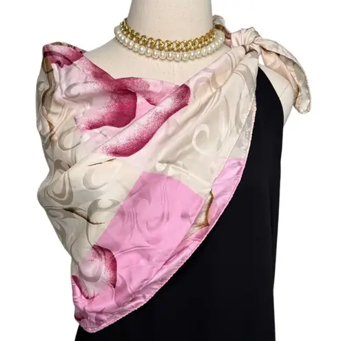 Y2K Italian 100% silk jacquard floral color block square scarf pink tan 34"