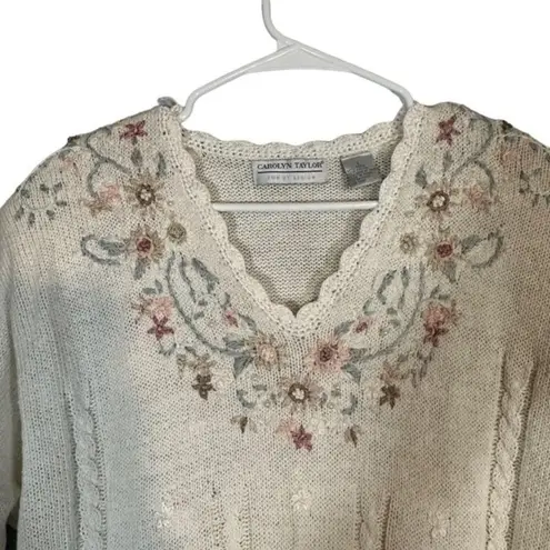 Carolyn Taylor White Cottagecore Floral Embroidered Knit Sweater Women Sz L VTG