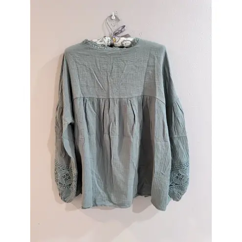 Andthewhy Revolve Lace Detailed Gauzey V Neck Blouse Top Large Sage Green NWT