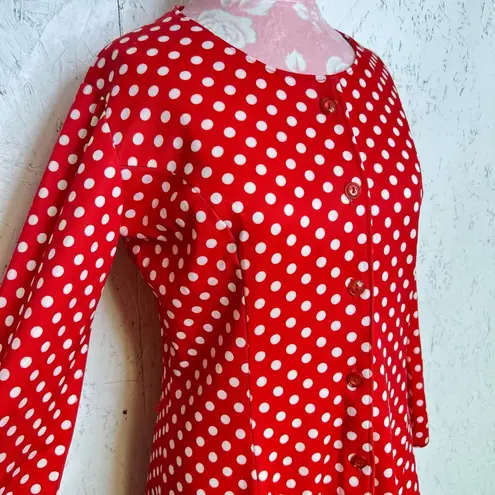 Sears Vintage Red White Polka Dot Dress 80's Long Sleeve Minnie Mouse Midi Dress Size M