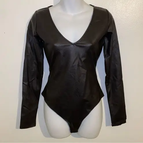 Naked Wardrobe Faux Leather Black Thong Bodysuit NEW size Small