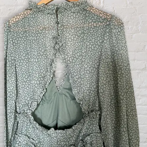 Floral Deep V Neck Ruffle Tiered Mini Dress Womens Green Long Sleeve Open Back