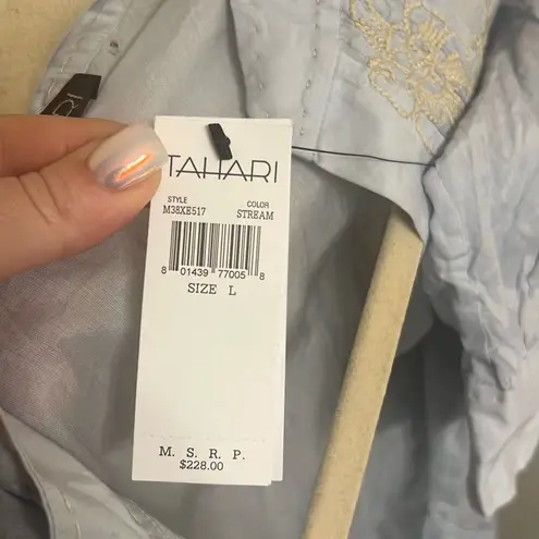 Tahari ✨ Blue & Yellow Embroidered Short Sleeve Button Down Sz Large Blouse✨