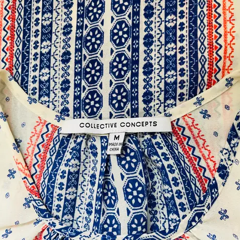 Collective Concepts White Blue Red Boho Printed Keyhole Tank Top