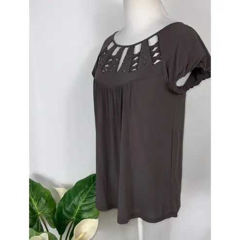 BCBGMAXAZRIA  Brownish Gray Short Sleeve Top Bejeweled Cutouts XS