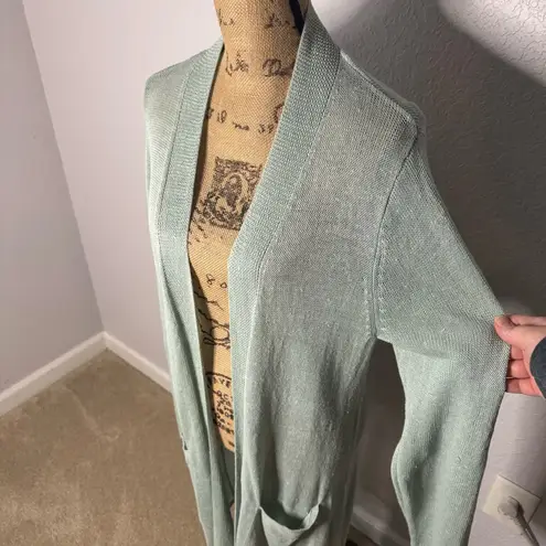 J Jill Open Front Linen Blend Long Duster Cardigan Aqua Size L Pockets Coastal Blue Size L - Image 2