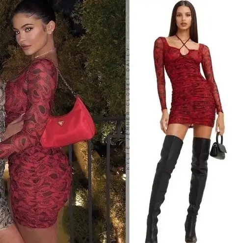 I am gia  Colette Ruched Long Sleeve Mini Dress XS Red Black