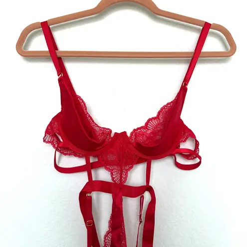 Wolf & Whistle Womens Bodysuit Size US 6 Red Bella Satin Lace Strappy Lingerie