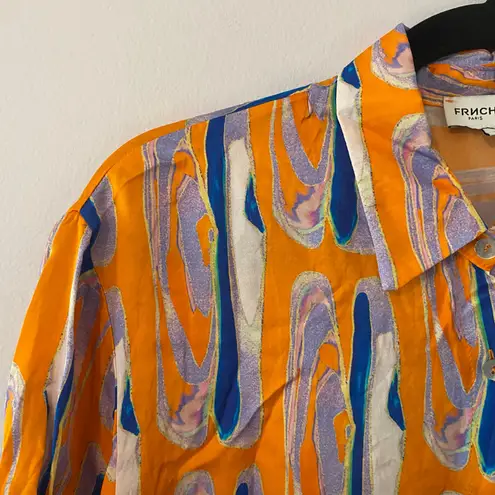 FRNCH Paris Orange Blue Short Sleeve Button Down Shirt Women's size Medium