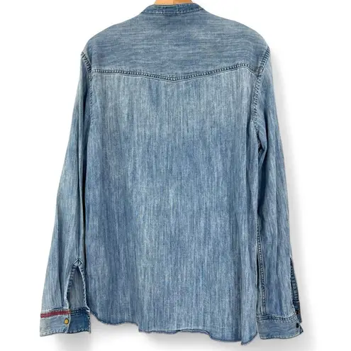 & Denim M Embroidered Denim Jean Button Front Women's Shirt Top Shacket Pizza Blue Size M