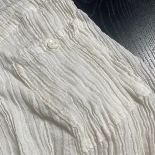 Women's White Gauze Textured Button Front Drawstring Pocket Dress M Size M