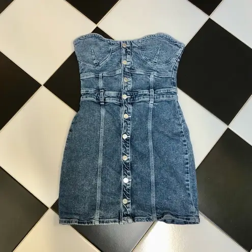 Jordache Strapless Denim Mini Dress Corset Bustier Button Front Sweetheart sz L