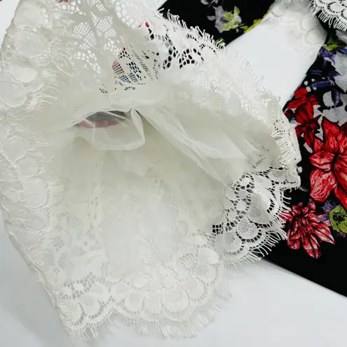 Slim fit ruffle floral top bell sleeves Victorian low cut back mesh lace blouse Multi Size XS