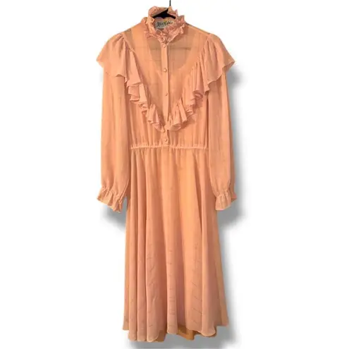 Vintage Miss Ashlee sz S Womens Blush Chiffon Ruffle Midi Dress Prairie Cottage Pink