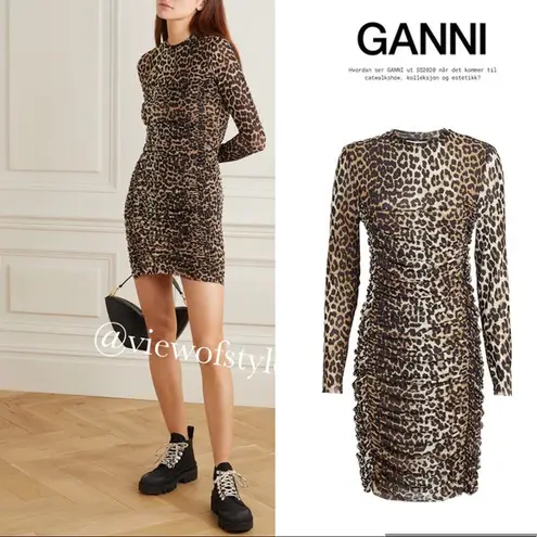 Ganni NWT Ruched Leopard Print Mini Dress Animal Print