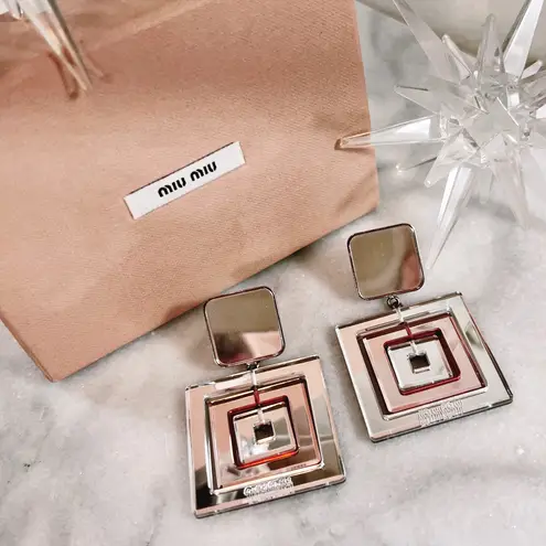 Miu Miu Rare Mirrored Geometric Square Dangled Clip-On Earrings