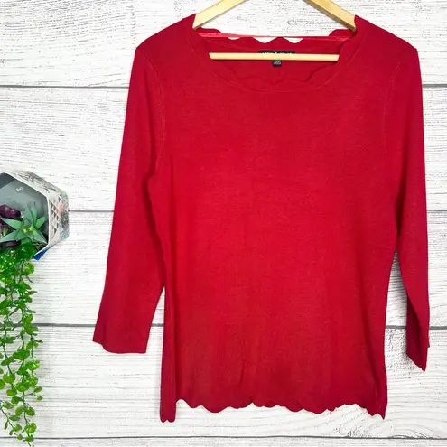 Cable & Gauge Red Scalloped Neck Sweater Top Size Large Holiday Christmas Office