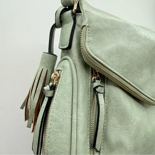 Sage Green Faux Leather Crossbody Bag Women’s Adjustable Strap Tassel Pocket