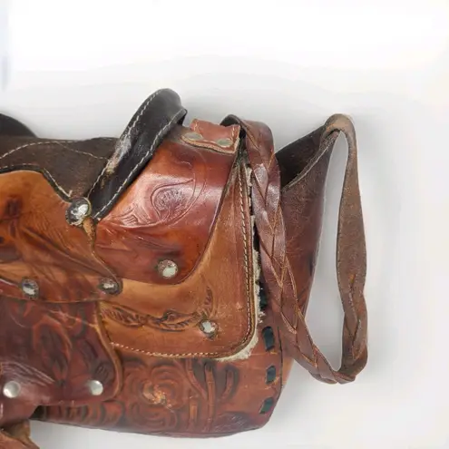 Vintage Saddle Bag Purse Tooled Leather Stirrups Horse Theme Mexico Brown