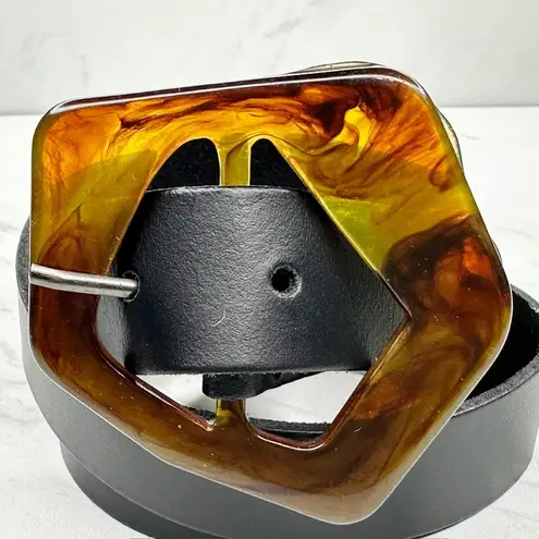 Womens Black Belt Small (S) Tortoiseshell Geometric Buckle Statement ✨