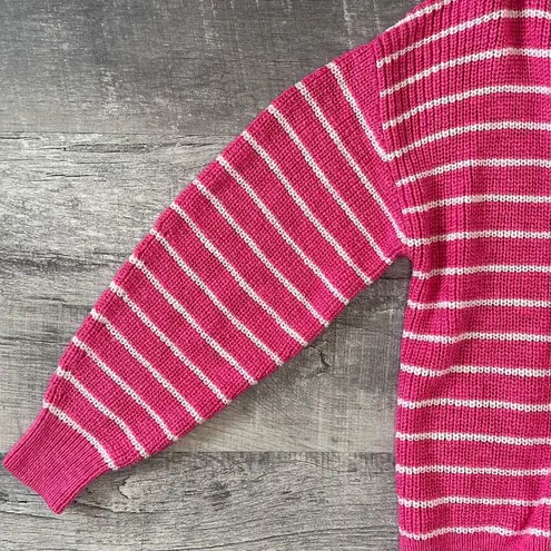 Loft  V Neck Knit Cardigan Sweater NEW Womens L Relaxed Fit Pink White Striped